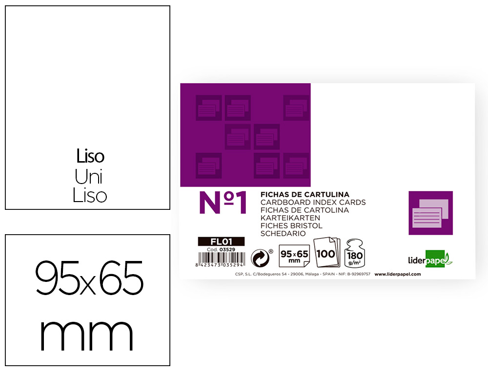 FICHA LIDERPAPEL LISA N1 65X95MM PAQUETE DE 100 180G