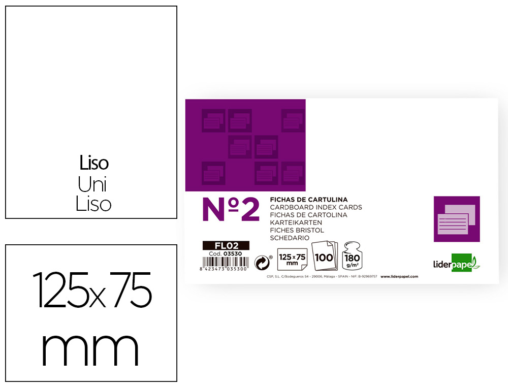 FICHA LIDERPAPEL LISA N2 75 X 125MM PAQUETE DE 100 180G