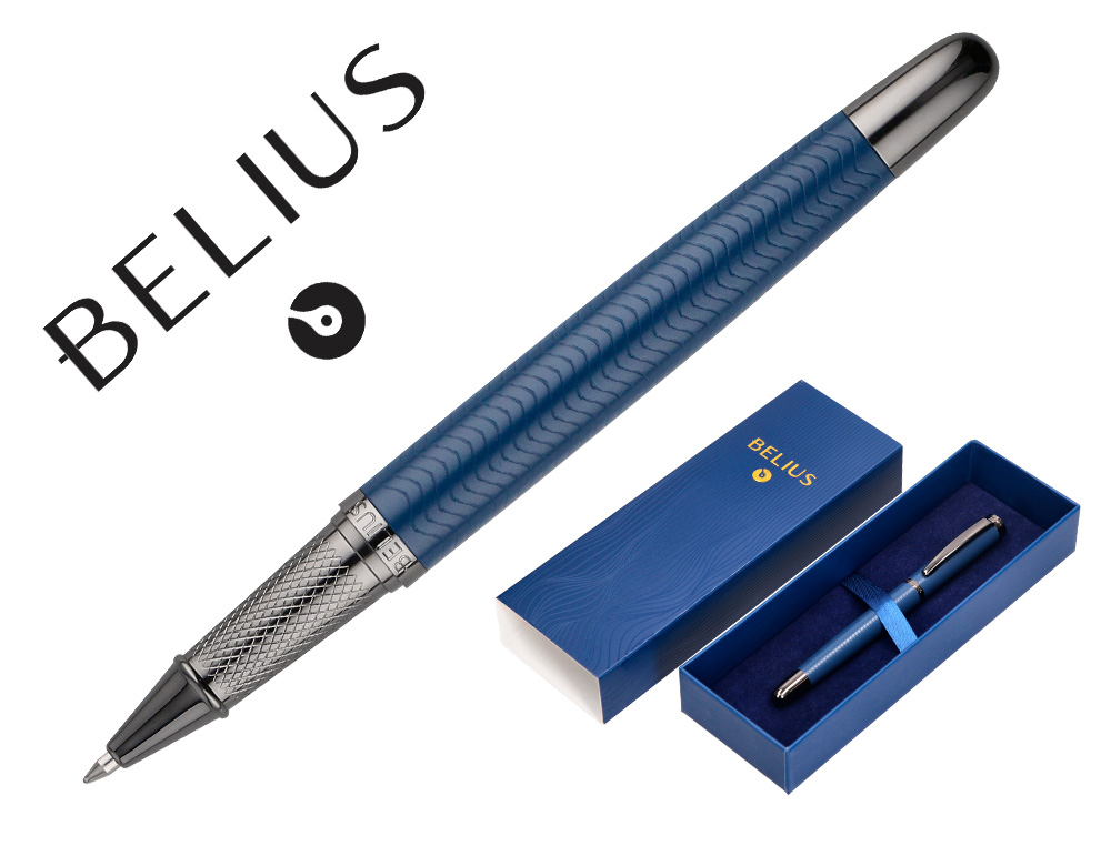 BOLIGRAFO BELIUS NEPTUNO ALUMINIO TEXTURA WAVY COLOR AZUL MARINO TINTA AZUL CAJA DE DISEO