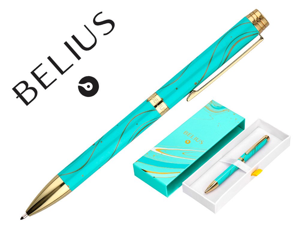 BOLIGRAFO BELIUS AQUA ALUMINIO COLOR TURQUESA Y DORADO TINTA AZUL CAJA DE DISEO