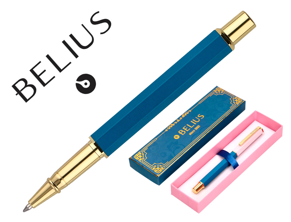 BOLIGRAFO BELIUS MACARON BLISS FORMA HEXAGONAL COLOR ROSA/ AZUL Y DORADO TINTA AZUL CAJA DE DISEO