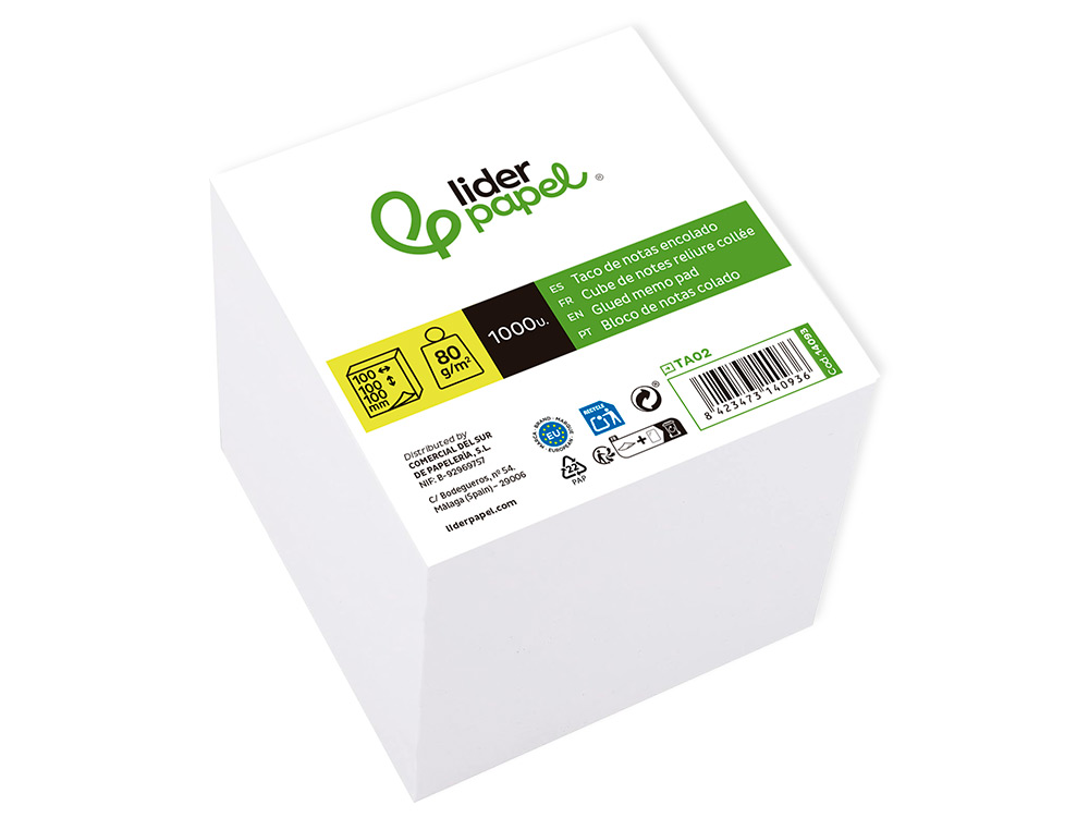TACO PAPEL LIDERPAPEL ENCOLADO BLANCO 1000 HOJAS 100X100X100 MM 80 GR