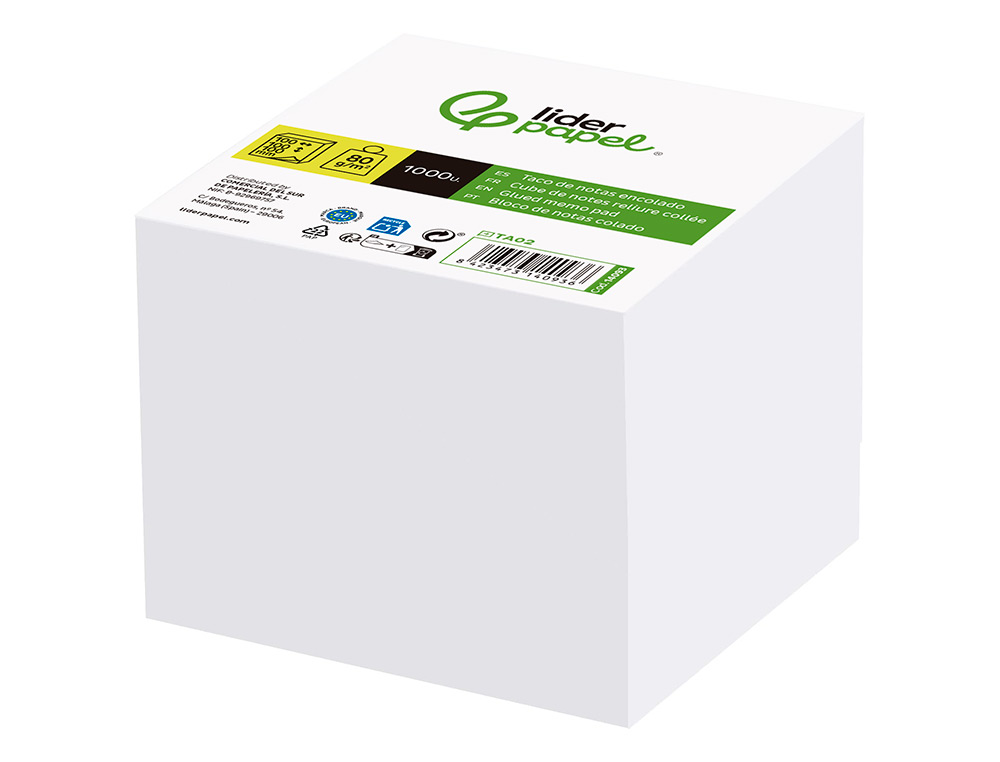 TACO PAPEL LIDERPAPEL ENCOLADO BLANCO 1000 HOJAS 100X100X100 MM 80 GR