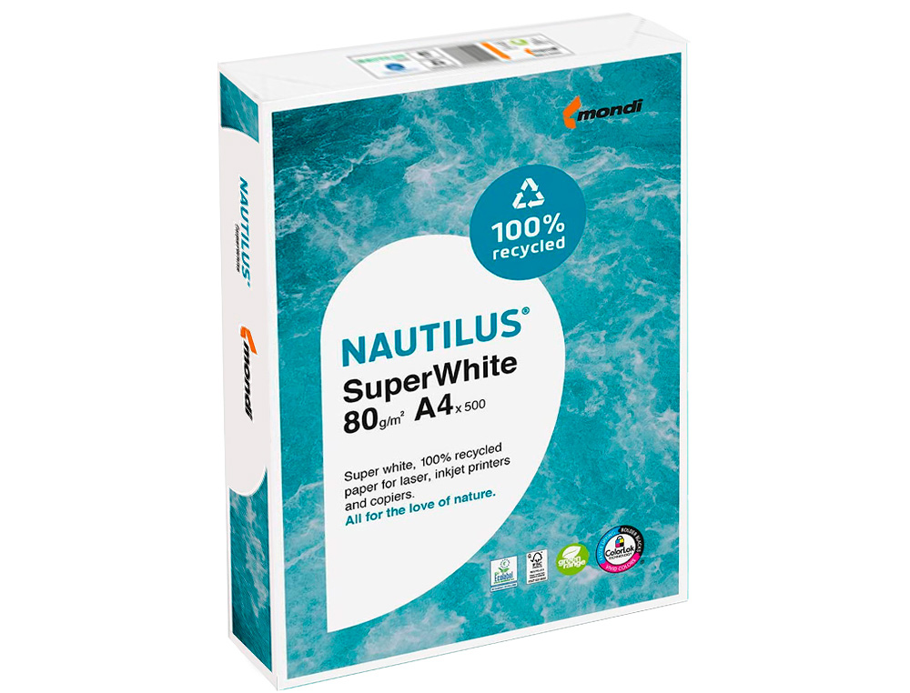 PAPEL FOTOCOPIADORA NAUTILUS SUPERWHITE 100% RECICLADO DIN A4 80 GRAMOS PAQUETE DE 500 HOJAS