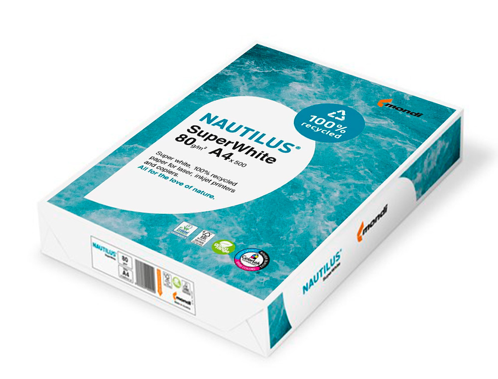 PAPEL FOTOCOPIADORA NAUTILUS SUPERWHITE 100% RECICLADO DIN A4 80 GRAMOS PAQUETE DE 500 HOJAS