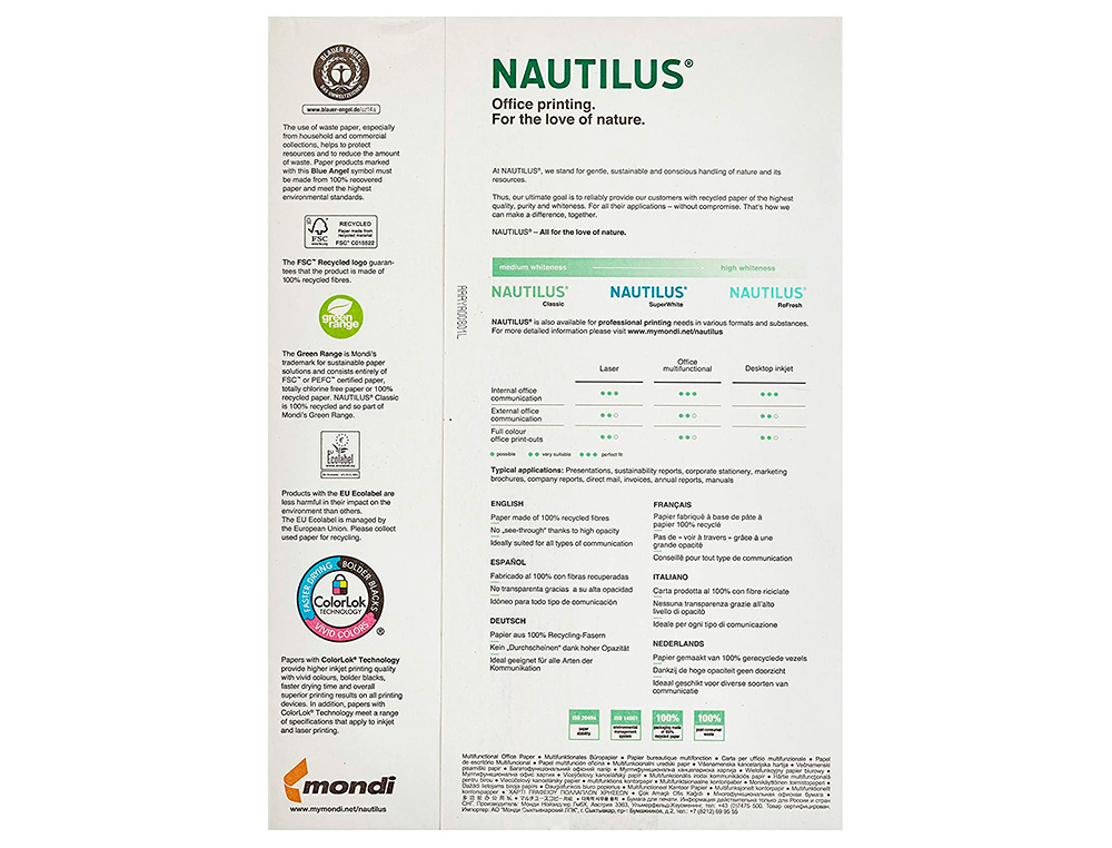 PAPEL FOTOCOPIADORA NAUTILUS SUPERWHITE 100% RECICLADO DIN A4 80 GRAMOS PAQUETE DE 500 HOJAS