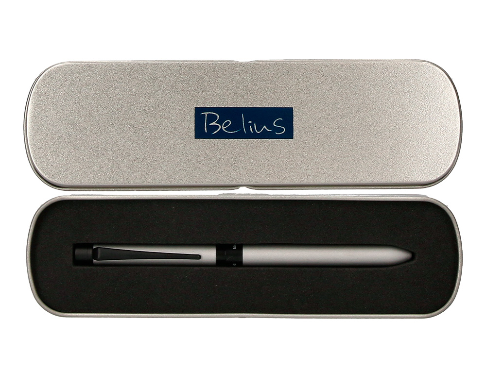 BOLIGRAFO BELIUS ZURICH 3 EN 1 CUERPO PLATEADO TINTA NEGRA Y ROJA PORTAMINAS 0,5 MM EN ESTUCHE