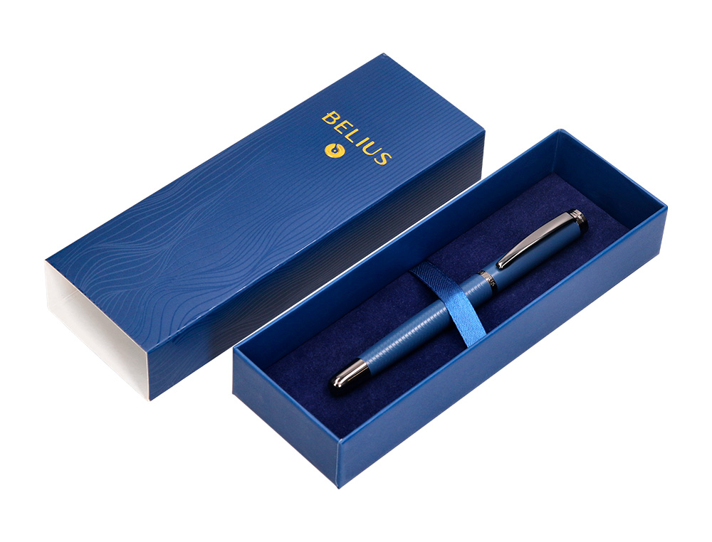 BOLIGRAFO BELIUS NEPTUNO ALUMINIO TEXTURA WAVY COLOR AZUL MARINO TINTA AZUL CAJA DE DISEÑO