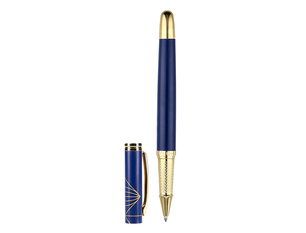 BOLIGRAFO Y ESTUCHE BELIUS SOIREE COLOR AZUL MARINO Y DORADO TINTA AZUL CAJA DE DISEÑO
