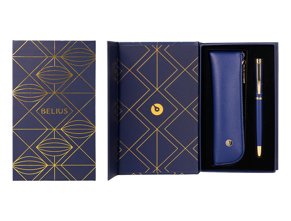 BOLIGRAFO Y ESTUCHE BELIUS SOIREE COLOR AZUL MARINO Y DORADO TINTA AZUL CAJA DE DISEÑO