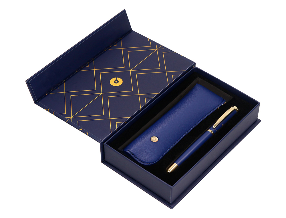 BOLIGRAFO Y ESTUCHE BELIUS SOIREE COLOR AZUL MARINO Y DORADO TINTA AZUL CAJA DE DISEÑO