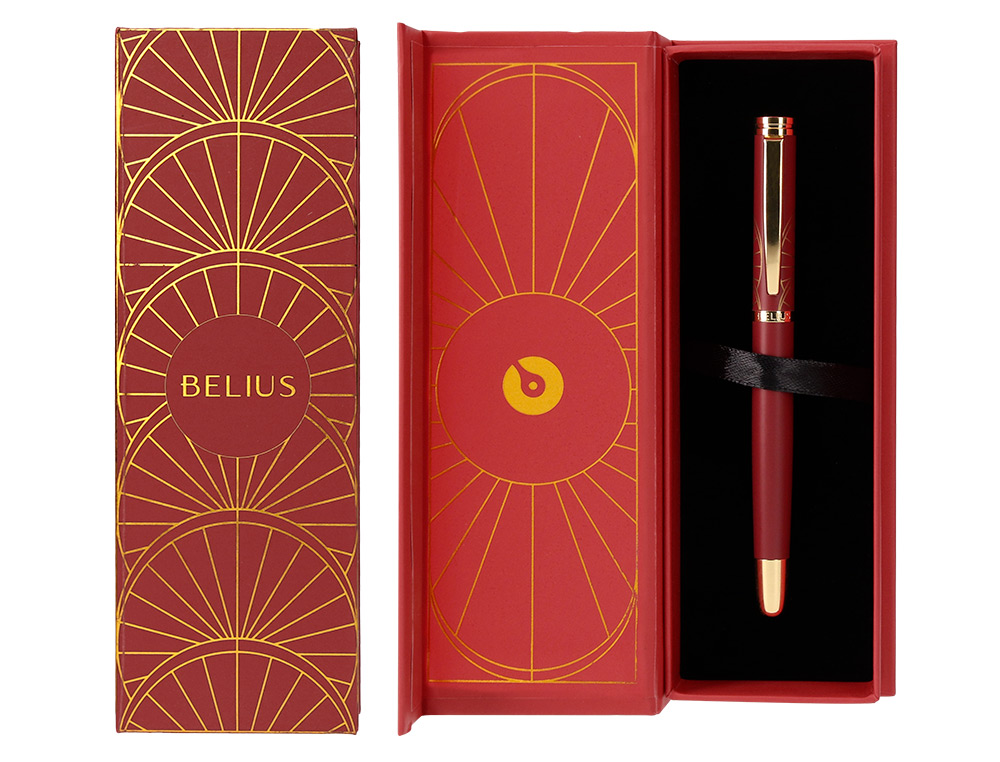 BOLIGRAFO BELIUS SOIREE ALUMINIO COLOR ART DECO GRANATE Y DORADO TINTA AZUL CAJA DE DISEO