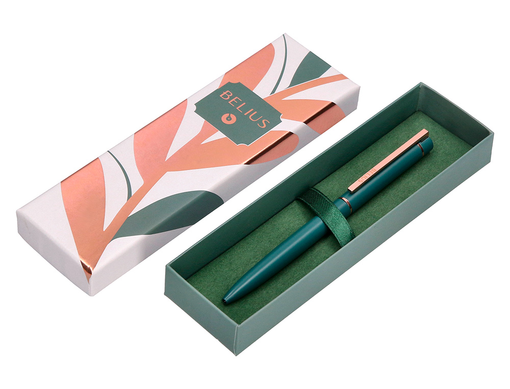 BOLIGRAFO BELIUS ROSE ALUMINIO COLOR VERDE OLIVA/ORO ROSA TINTA AZUL CAJA DE DISEO