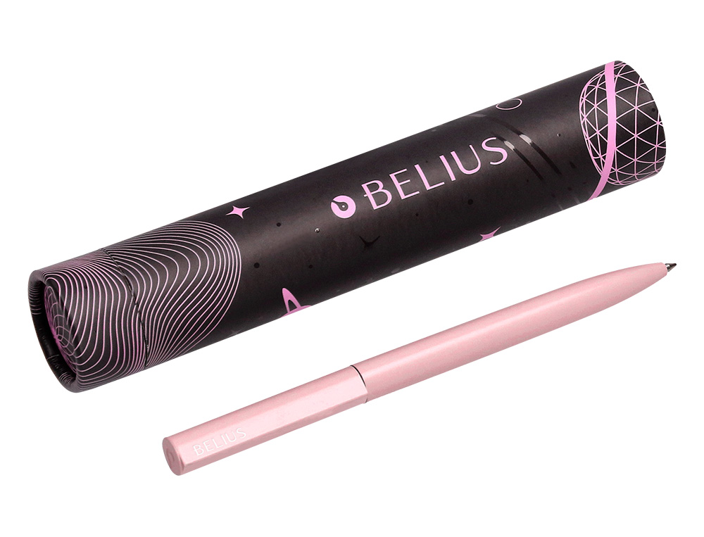 BOLIGRAFO BELIUS ROCKET B ALUMINIO COLOR MINIMALISTA ROSA TINTA AZUL CAJA CILINDRICA