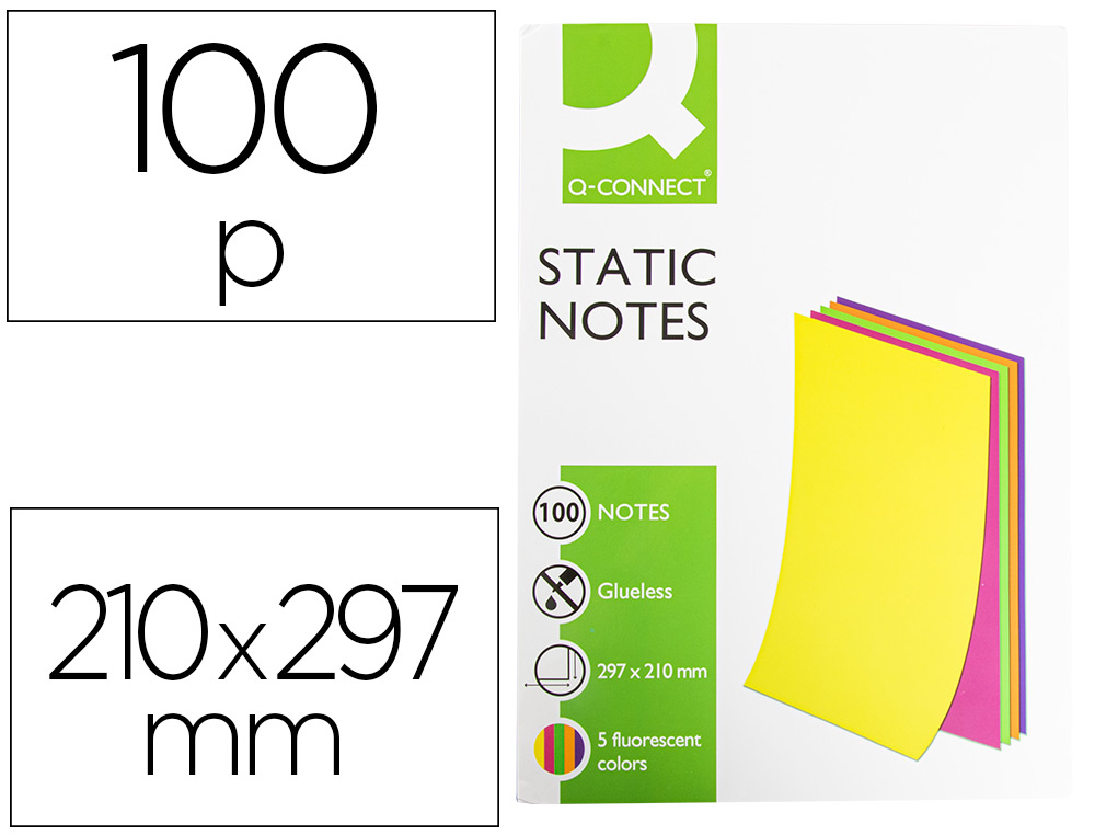 BLOC DE NOTAS ELECTROSTATICAS QUITA Y PON Q-CONNECT 210X297MM 100 HOJAS 5 COLORES FLUORESCENTES