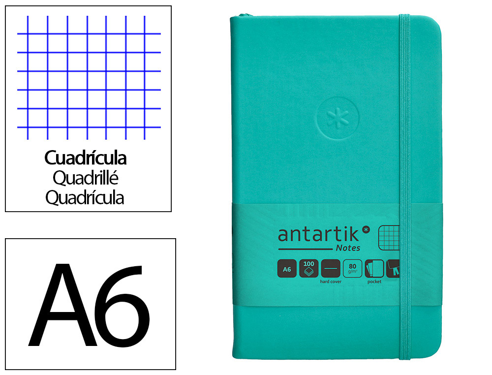 CUADERNO CON GOMILLA ANTARTIK NOTES TAPA DURA A6 HOJAS CUADRICULA TURQUESA 100 HOJAS 80 GR FSC