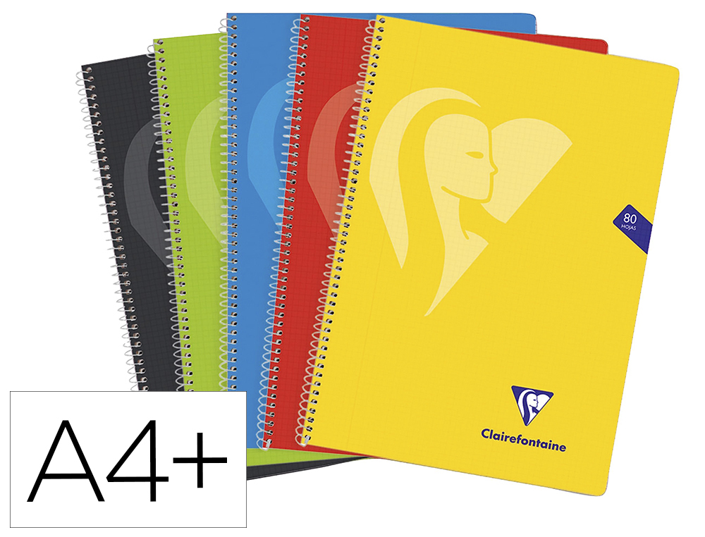 CUADERNO ESPIRAL CLAIREFONTAINE TAPA POLIPROPILENO FOLIO 80 HOJAS 90 GR CUADRO 4MM COLORES