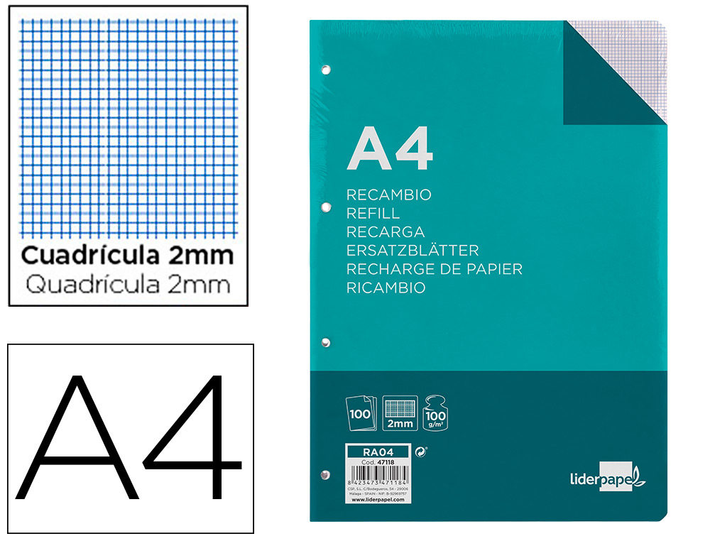 RECAMBIO LIDERPAPEL A4 100 HOJAS 100G/M2 CUADRO 2MM CON MARGEN 4 TALADROS