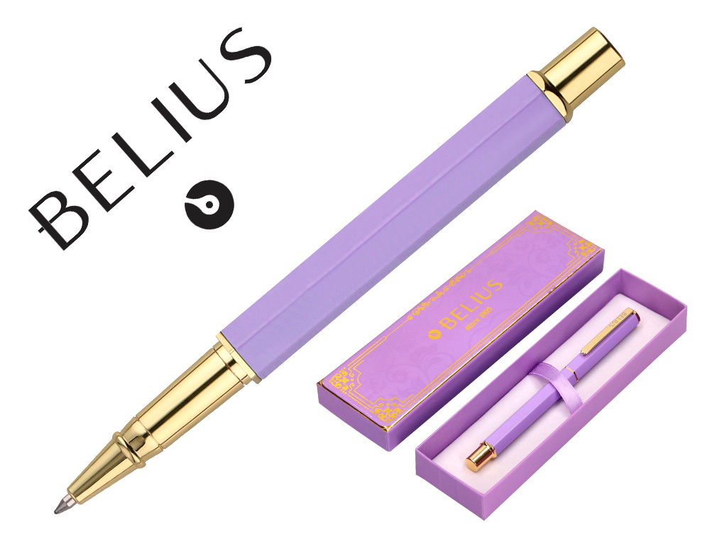 BOLIGRAFO BELIUS MACARON BLISS FORMA HEXAGONAL COLOR MORADO Y DORADO TINTA AZUL CAJA DE DISEO