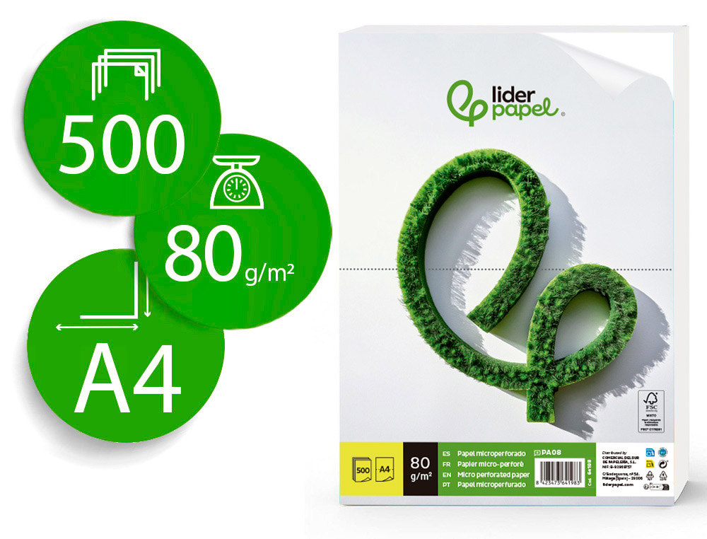 PAPEL LIDERPAPEL A4 80G/M2 LISO MICROPERFORADO EN DOS PARTES IGUALES PAQUETE DE 500 HOJAS FSC